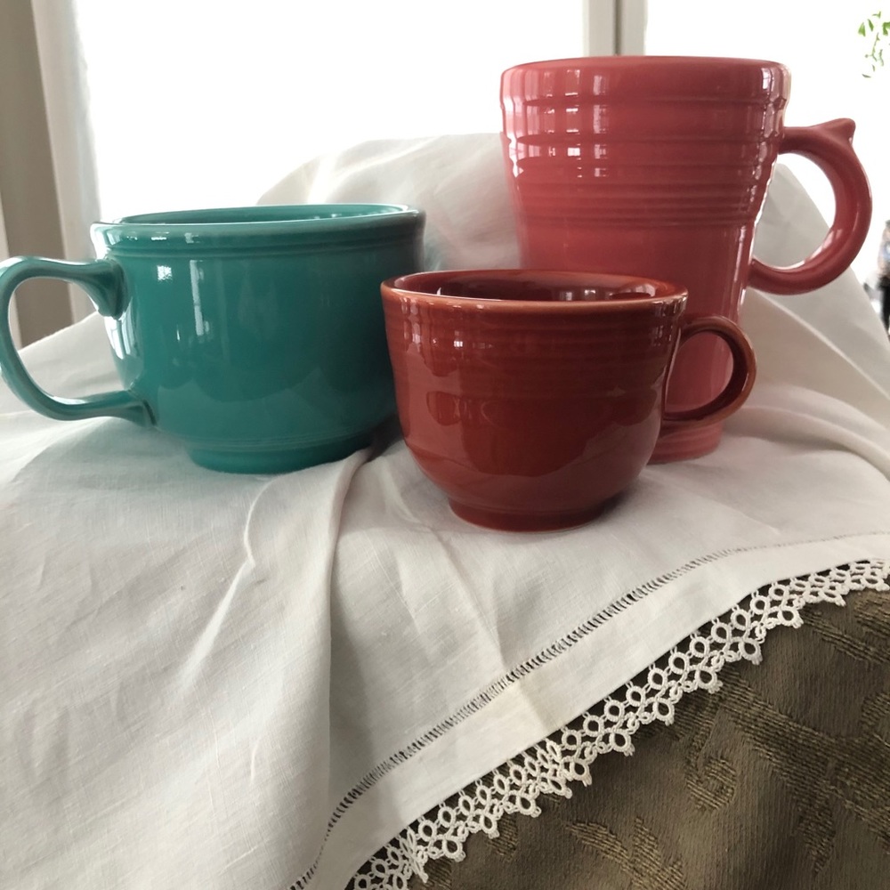 Fiesta mugs, three different sizes and colors